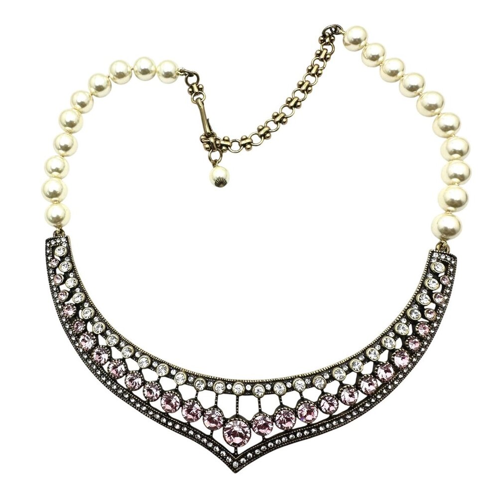Heidi Daus Pink Clear Crystal Pearl Bronze Statement Necklace